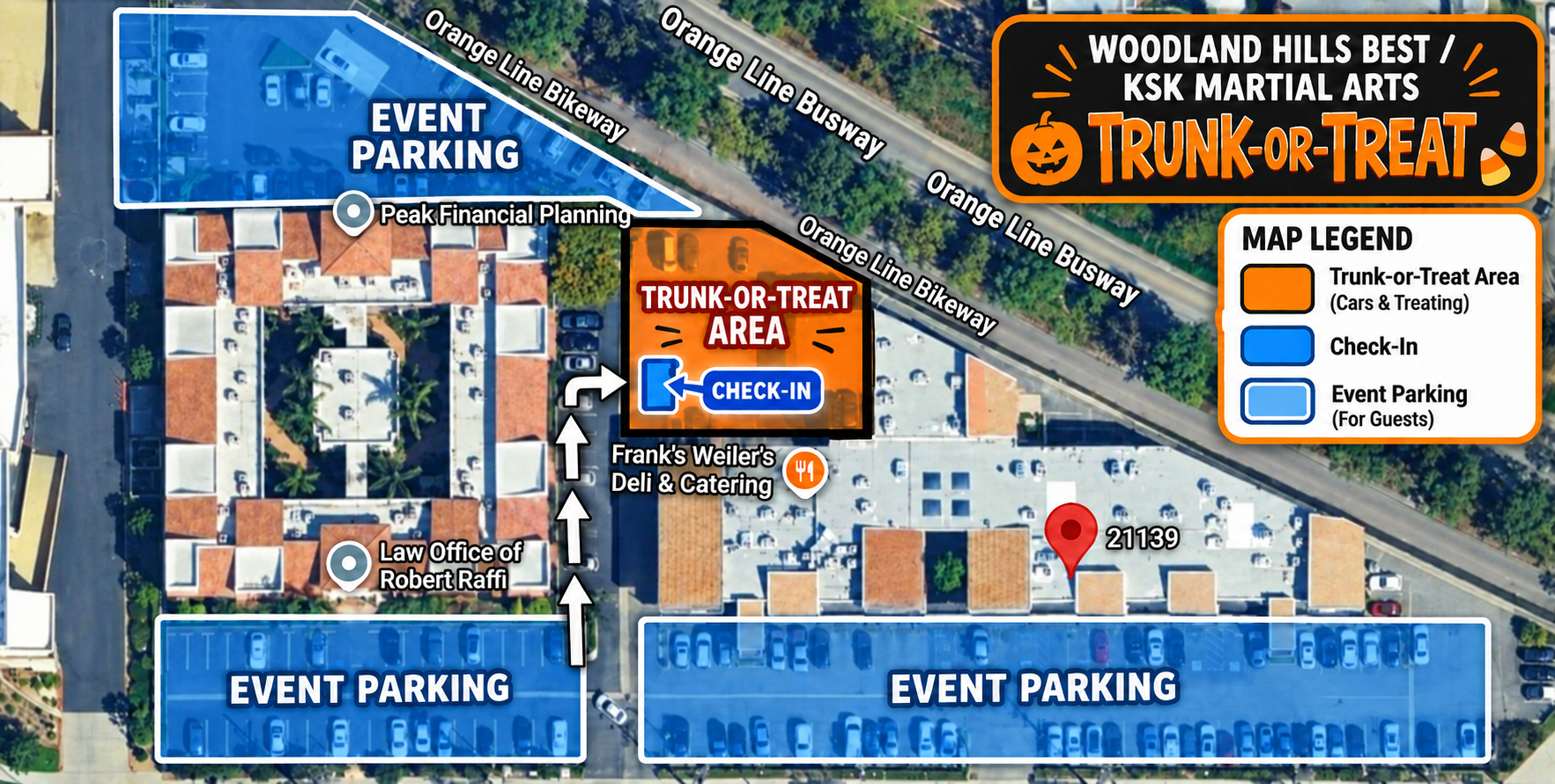 Aerial map showing event parking areas, walking route, check-in point and the Trunk-or-Treat area behind Frank's Weiler's Deli at 21139 Victory Blvd
