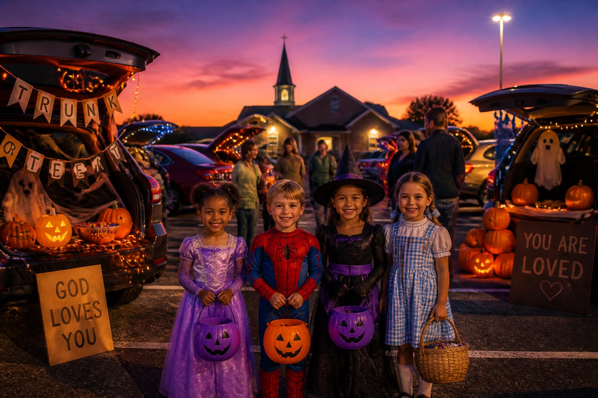 Children in friendly Halloween costumes trick-or-treating at decorated car trunks at dusk