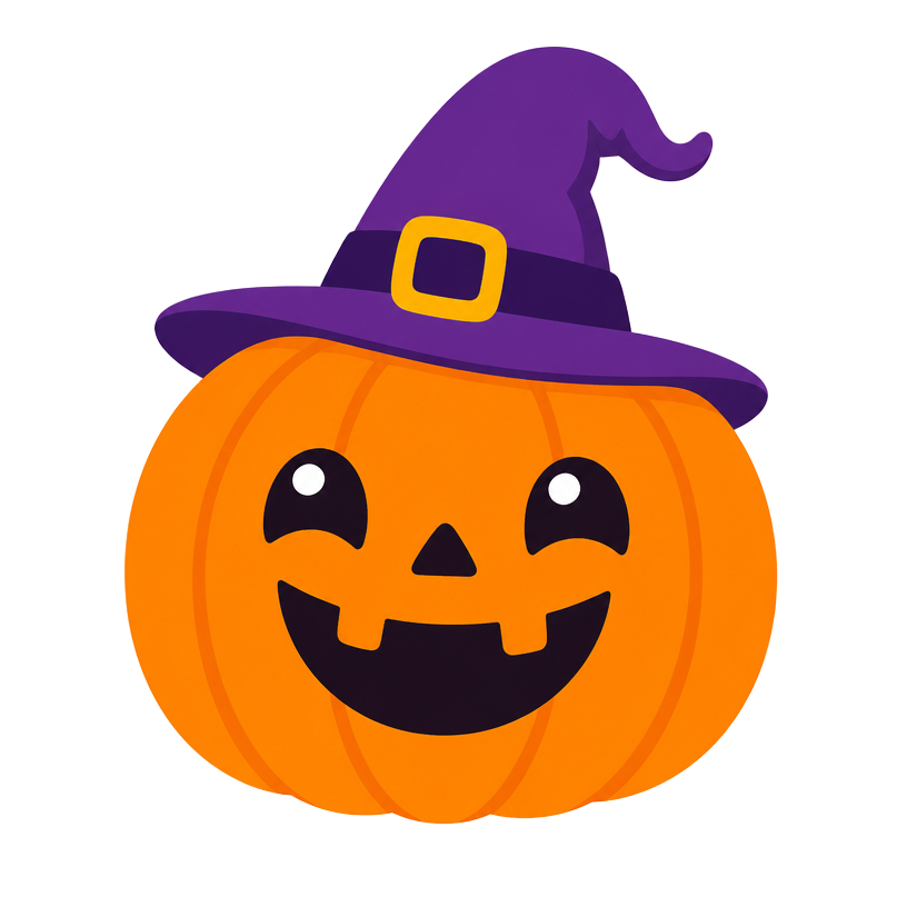 Smiling jack-o'-lantern mascot wearing a witch hat
